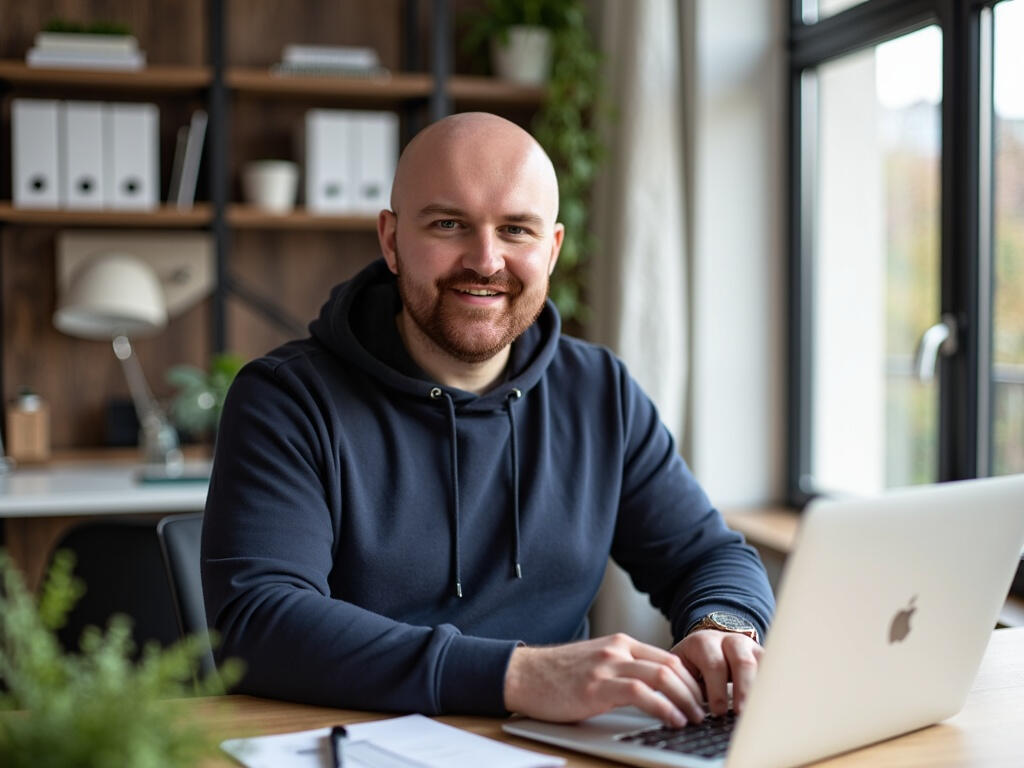 Mikołaj Mielczarek przy laptopie